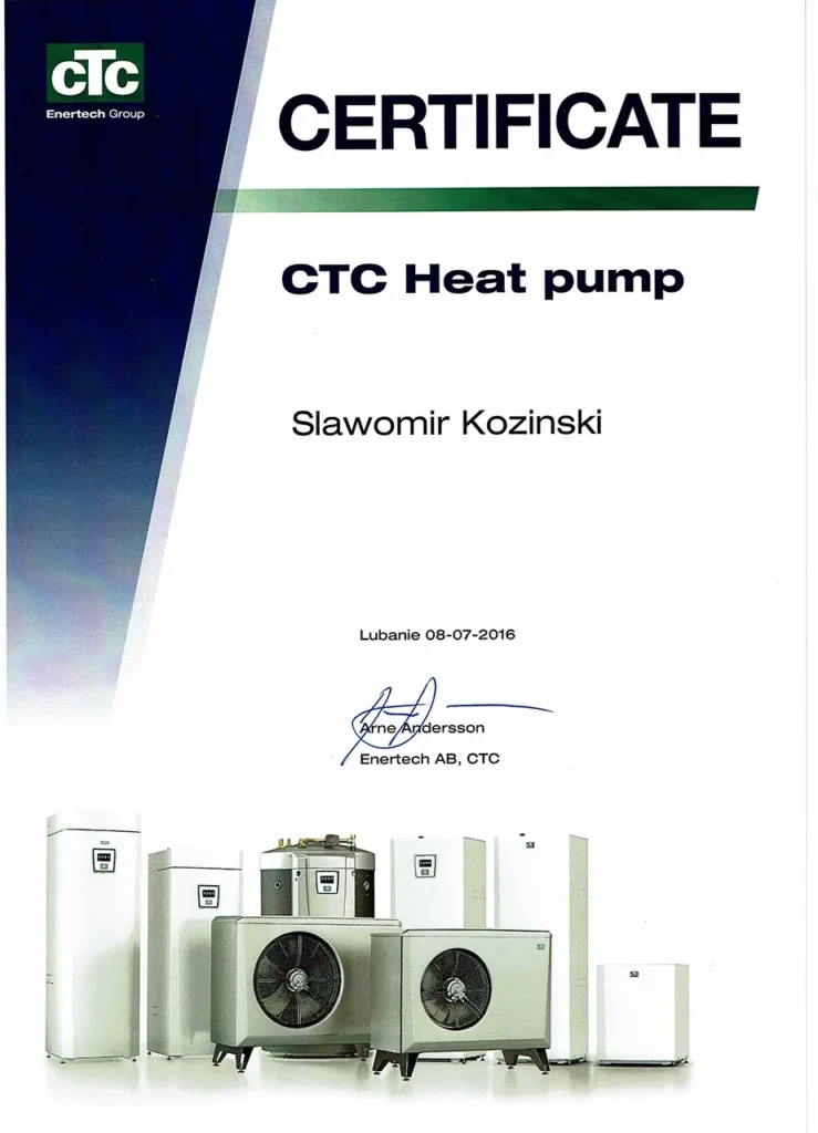 Certyfikat poświadczający, że Pan Sławomir Koziński ukończył szkolenie - CTC Heat Pump od firmy CTC